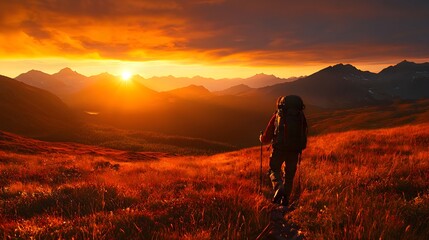 Obraz premium Hiker at Sunset in Mountain Landscape