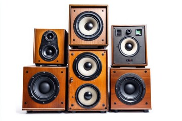 Fototapeta premium Vintage Wooden Speakers Collection: A Timeless Audio Ensemble