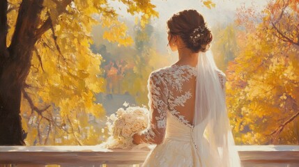 Elegant bride in a white wedding dress holding a bouquet of roses, standing on a balcony surrounded by vibrant autumn foliage in warm golden hues.