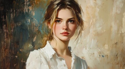 Fototapeta premium Artistic portrait of a young woman with golden blonde hair wearing a white shirt, capturing soft expressions against a textured abstract background.