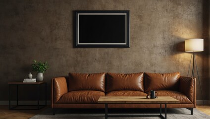 A large black blank picture frame on the wall above a brown leather sofa