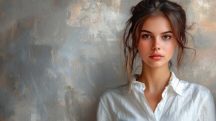 Fototapeta premium young woman with casual hairstyle wearing a white shirt against a textured gray background, soft lighting, natural beauty portrait, 20s female