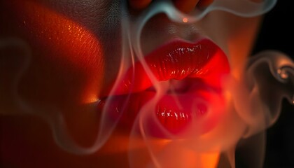 Sensual Red Lips Smoking in Dramatic Light