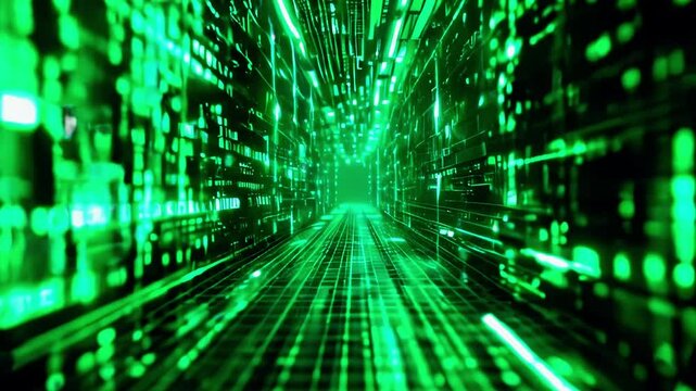 Futuristic digital tunnel with green binary code flowing, symbolizing data transfer and technology