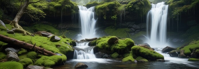 Obraz premium Waterfall flows over moss-covered rocks and trees, earthy, greenery, foliage