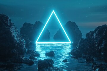 Softly glowing water surface and jagged black rocks highlighted by a suspended triangular frame in pastel blue neon.