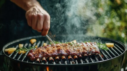Seasoned pork ribs grilling on BBQ. Perfect for summer BBQ recipe blogs, food websites, and cookbooks.
