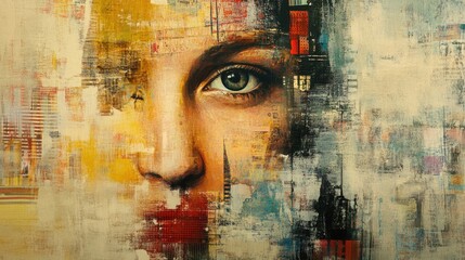 Conceptual Mixed Media Portrait with Abstract Overlays and Bold Colors, Highlighting Human Face with Intricate Details, Artistic Interpretation