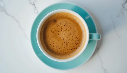 Overhead close-up shot of a cup of coffee with crema on a teal saucer on a marble table