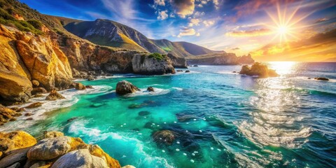 Turquoise waters crash against dramatic cliffs; bokeh photography captures coastal paradise.
