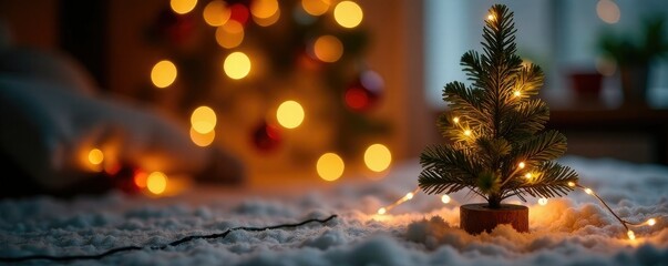 Warm and cozy atmosphere of string lights surrounding a small Christmas tree, soft ambiance, festive setup, winter wonderland
