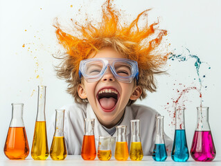 joyful boy with wild orange hair wearing goggles, surrounded by colorful science beakers filled with liquids. His excitement reflects love for experiments and discovery