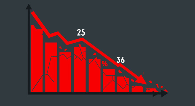 Stock market crash. This image shows a declining bar graph with broken bars and a downward trend line. Vector illustration design.
