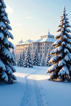 Vladivostok FEFU campus with snow-covered trees and buildings, frost, landscape, frosty mornings