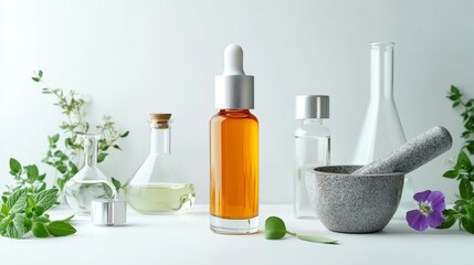 Cosmetic serum bottle container product on white background isolated with laboratory glassware flask mortar leaves and flower for organic natural beauty concept and herbal medicine