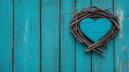 Rustic Wooden Heart Nestled in Teal Wood Fence