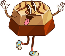 Groovy chocolate candy sweet character with silly face and tongue out, cartoon vector. Funny confection or groovy chocolate candy and praline comfit with crazy funky smile face for cartoon character
