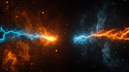 Obraz premium Two Streams of Lightning, One Blue and One Orange, on a Dark Background for Dynamic Designs