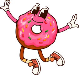 Groovy breakfast dessert donut funny character. Sweet takeaway pastry funny character, street cafe dessert meal isolated groovy vector mascot. Tasty fastfood donut jumping and happy smiling personage © Vector Tradition