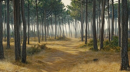 Fototapeta premium Sunlit Pine Forest Path, Coastal Dunes, Calm Morning, Nature Poster