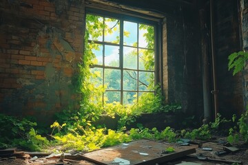 Obraz premium Sunlight filters through a broken window in an abandoned building overgrown with ivy and surrounded by nature