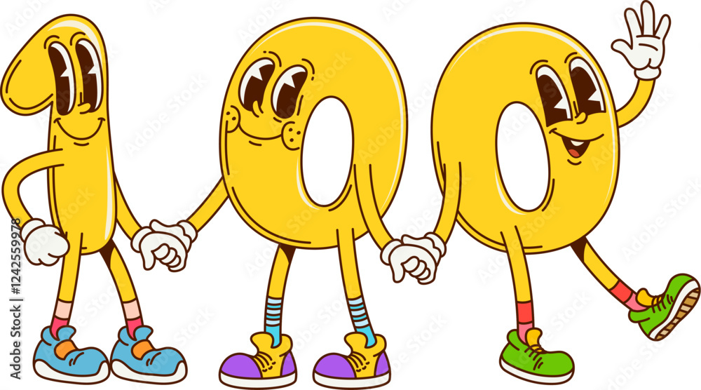 Poster Groovy one hundred math number characters. Mathematics numeric symbol retro groovy mascot. Kids education number 60s 70s cartoon isolated vector cheerful character or school math digit cute personage