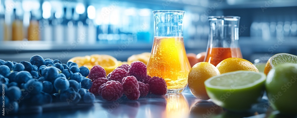Aufkleber Various fruits being analyzed in a lab setting, showcasing the connection between nature and scientific research