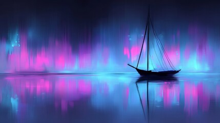 Sailboat at Night Under Neon Aurora Lightscape