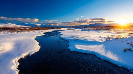 Icy River at Sunset in Winter Landscape