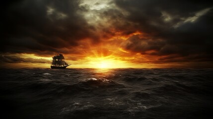 Sailing Ship at Sunset Dramatic Ocean Scene