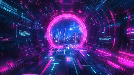 Obraz premium Neon-Lit Futuristic Tunnel with Cityscape View