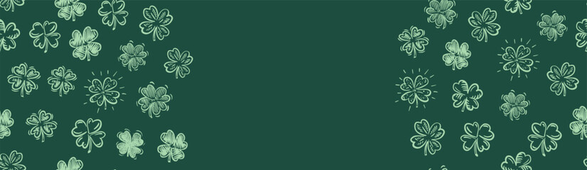 Clover pattern on green, Saint Patricks Day, hand drawn illustrations.	
