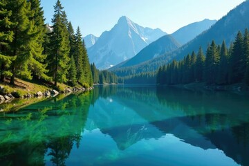 Reflections of pine trees in the clear blue water, forest, scenery
