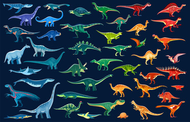 Dinosaur infographics of vector prehistoric dino reptiles. Cartoon corythosaurus, kronosaurus, brontosaurus and styracosaurus dinosaurs infographics. Jurassic carnotaurus, suchomimus and pteranodon © Vector Tradition