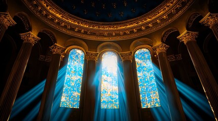 Illuminated Church Interior with Stained Glass