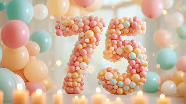 Festive Celebration: A Colorful Display of Balloon Arrangement Highlighting the Number 75 Surrounded by Soft Pastel Hues and Warm Candlelight