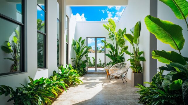 Beautiful entrance of house with cement and stone floors tropical plants windows outdoor chair and table white walls blue sky