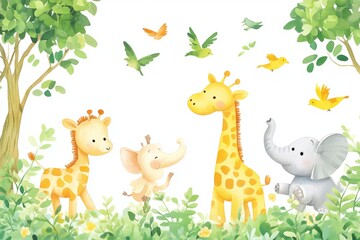 Fototapeta premium Cute cartoon safari zoo with animal frame border on background in watercolor style.