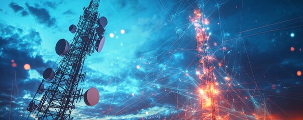 Telecommunication towers connecting with network over blue sky representing global digital data transmission and internet communication