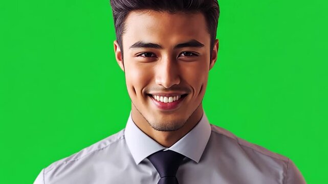 Confident and Smiling:  A young businessman with a charming smile and dimples exudes confidence and professionalism. He wears a crisp white shirt and a dark tie, against a vibrant green screen.