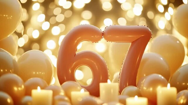 A Festive Celebration Scene Featuring the Number 67 Surrounded by Soft Candle Lights and Elegant Balloons, Perfect for Birthday Parties and Milestone Events