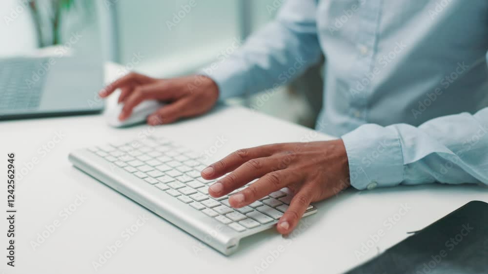 Poster Man, hands and keyboard for web design in office, typing and online for programming code. Male person, software development and app for html efficiency, professional and update system in workplace