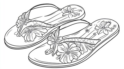 Floral flip-flops, summer footwear, beach vacation, line art, illustration