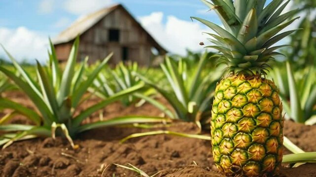 Ripe Pineapple in a Tropical Plantation