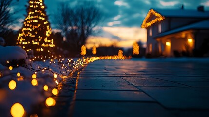 Illuminated Pathway and House in Snowy Winter Night