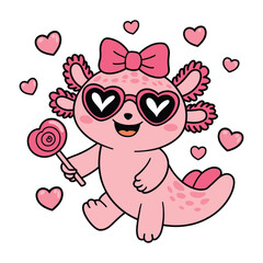 Cute Pink Axolotl with Heart Glasses and Lollipop Illustration