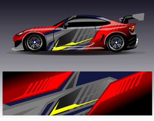 Naklejka premium Car wrap design vector. Graphic abstract stripe racing background designs for vehicle, rally, race, adventure and car racing livery