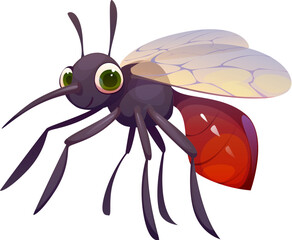 Cartoon funny mosquito insect character. Isolated cute vector pesky mosquito, winged pest with large expressive green eyes, vibrant red abdomen, translucent wings, playful expression and sharp sting