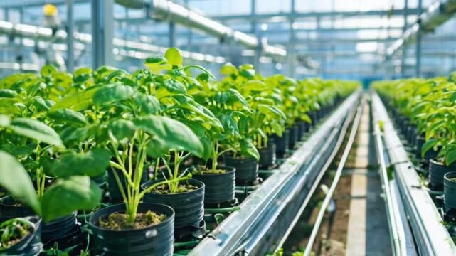 Greenhouse Basil Plantation: Rows of vibrant green basil plants thriving under controlled conditions in a modern greenhouse.