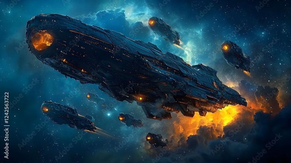 Poster A massive futuristic mothership being escorted by a fleet of small unidentified flying objects through a vibrant swirling cosmic nebula in the depths of space